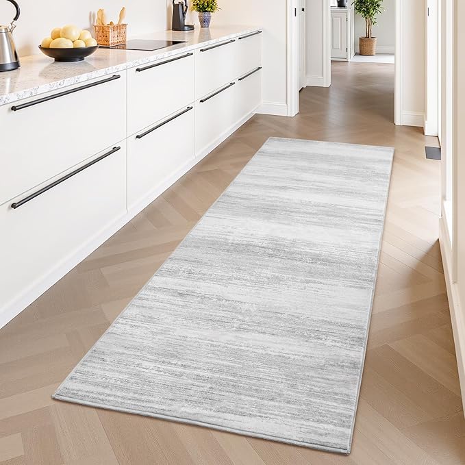 PADOOR Modern Abstract Runner Rug - 2x10 Washable Hallway Rugs, Ultra Soft Non-Slip Low Pile Floor Rugs for Hallway Entryway Kitchen Bedroom Bedside Laundry Room Grey