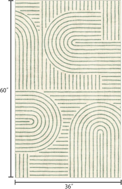3x5 Washable Area Rug - Small Entryway Rug Non-Slip Sage Green Abstract Rainbow Kitchen Rugs Modern Boho Carpet Throw Rugs for Living Room Bedroom Bathroom Dorm Nursery Room Home Decor