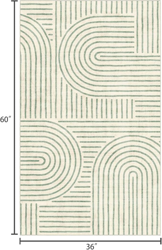 3x5 Washable Area Rug - Small Entryway Rug Non-Slip Sage Green Abstract Rainbow Kitchen Rugs Modern Boho Carpet Throw Rugs for Living Room Bedroom Bathroom Dorm Nursery Room Home Decor