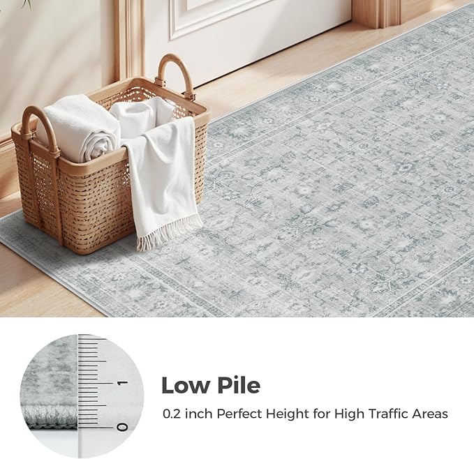 LIVEBOX Washable Area Rug 4ft Boho Round Rug Traditional Rugs for Bedroom, Ultra-Thin Retro Carpet Grey Print Distressed Accent Circle Rugs for Nursery Room Entryway Foyer
