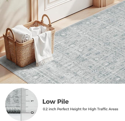 LIVEBOX Washable Area Rug 4ft Boho Round Rug Traditional Rugs for Bedroom, Ultra-Thin Retro Carpet Grey Print Distressed Accent Circle Rugs for Nursery Room Entryway Foyer