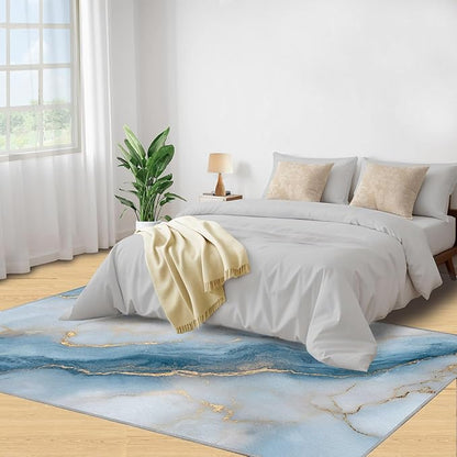 8x10 Abstract Marble Rugs for Living Room - Blue-White-Marble Large Area Rug, Luxury Stone Pattern Modern Boy Nursery Rug Soft Washable for Classroom Office Bedroom Kids Room