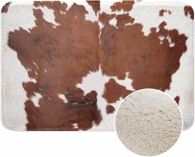 Cowhide Bath Mat for Bathroom Farm Animal Brown Cowhide Print Cow Bath Rugs Door Mat Non Slip Rubber Backed Bathroom Floor Mat for Bathtub Sink Shower 20"X32"