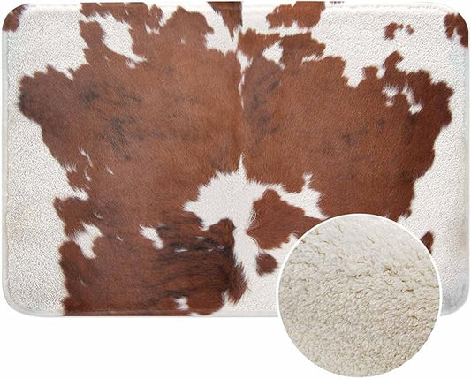 Cowhide Bathroom Mat Rugs Farm Animal Brown Cowhide Print Cow Microfiber Faux Cashmere Thick Plush Bath Mat Non-Slip Water Absorbent Bath Carpet for Bathtub Bathroom Floor Tub 16X24 Inch