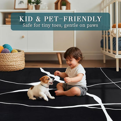 YIHOUSE Abstract Washable Rug 6x9,Ultra Thin Non Slip Black Rugs for Living Room,Modern Minimalist White Stripe Rugs for Bedroom,Dining Room Office Playroom (6'x9',Black-1)