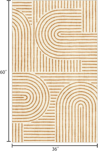 3x5 Washable Area Rug - Small Entryway Rug Non-Slip Orange Abstract Rainbow Kitchen Rugs Modern Boho Carpet Throw Rugs for Living Room Bedroom Bathroom Dorm Nursery Room Home Decor