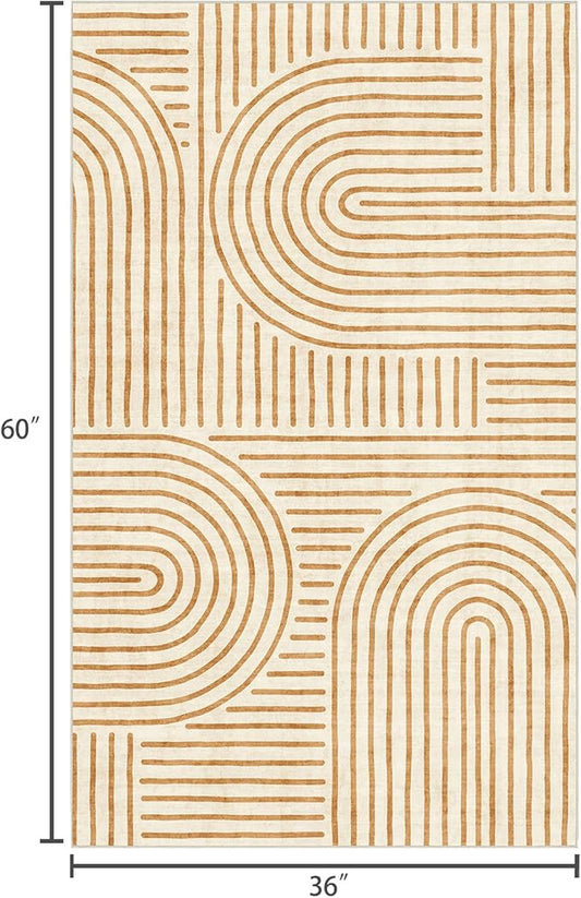 3x5 Washable Area Rug - Small Entryway Rug Non-Slip Orange Abstract Rainbow Kitchen Rugs Modern Boho Carpet Throw Rugs for Living Room Bedroom Bathroom Dorm Nursery Room Home Decor