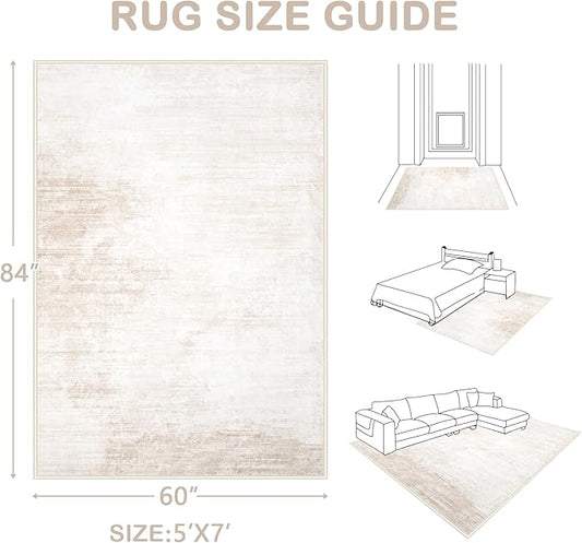 Area Rugs 5x7 Living Room: Washable Rug Modern Abstract Large Rug Soft Non Slip Neutral Rugs Stain Resistant Indoor Carpet for Bedroom Kitchen Dining Room Table Nursery Home Office Rugs(Beige,5'x7')