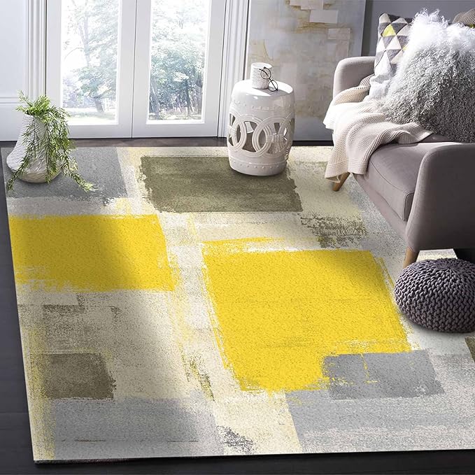 Yellow Rectangular Area Rugs for Living Room Bedroom 2.8 x 5 ft Abstract Paint Texture Modern Art Non-Shedding Soft Low Pile Rug Non Slip Washable Rug for Nursery Entryway Playroom