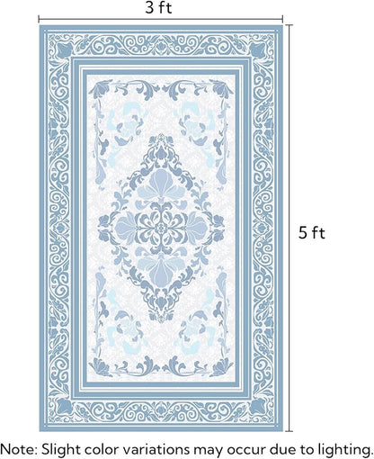 SOULFUL Medium Pile 3x5 Area Rug - Soft Foot Feel Small Entryway Rug - Mist Blue Boho Floral - Washable Non-Slip - Perfect for Living Room Bedroom Foot Kids Room Reading Nook