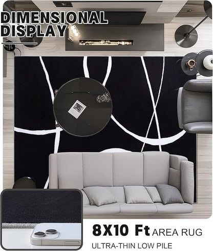 YIHOUSE Modern Washable Area Rug for Living Room Bedroom - Large Abstract Black and White Rug Non-Slip Ultra-Thin Home Decor (Dark Curve, 8'x10'ft)