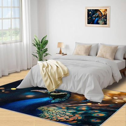 Peacock Area Rug 8x10-8x10 Rug, Wonderful Peacock Rugs for Living Room, Teal Turquoise Carpet, Peafowl Feather Washable Area Rugs for Bedroom, Aesthetics Carpet - Peafowl Home Decor & Gifts