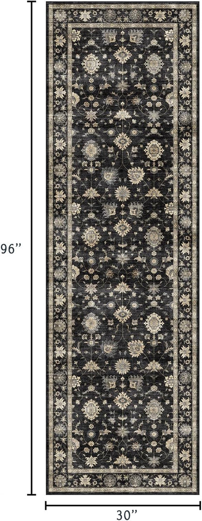 Kitchen Runner Rugs Non Skid Washable - 2.5x8ft Long Charcoal Black Boho Farmhouse Hallway Runner Rug Low Pile Vintage Moody Floral Carpet for Hallway Laundry Room Entryway Bedroom Foyer
