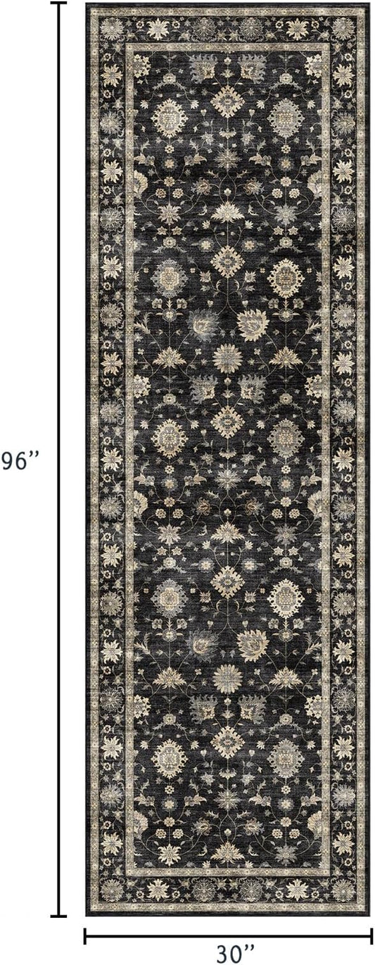 Kitchen Runner Rugs Non Skid Washable - 2.5x8ft Long Charcoal Black Boho Farmhouse Hallway Runner Rug Low Pile Vintage Moody Floral Carpet for Hallway Laundry Room Entryway Bedroom Foyer