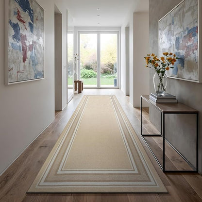 Beverly Rug Non Slip Area Rugs 2x7 Modern Bordered Non Skid Rubber Backing Soft Runner Rug for Living Dining Room Easy to Clean Non Shedding Kitchen Bedroom Indoor Carpet 2 x 7 Beige