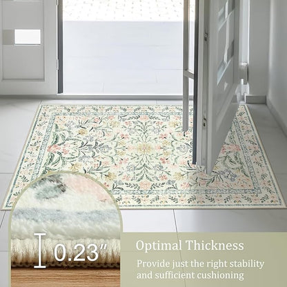 Morebes Washable Area Rugs 9x12 Living Room, Boho Large Cream Rugs for Farmhouse Non Slip, Soft Ultra-Thin Distressed Floral Carpet for Bedroom Nursery Girls Home Office Decor