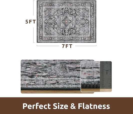 AMOAMI-Area Rug 5X7 Rugs for Living Room-Vintage Soft Black Rugs for Bedroom-Non Slip Carpet-Machine Washable Rug for Dining Room Living Room Bedroom Office Under Table Dark Grey & Black