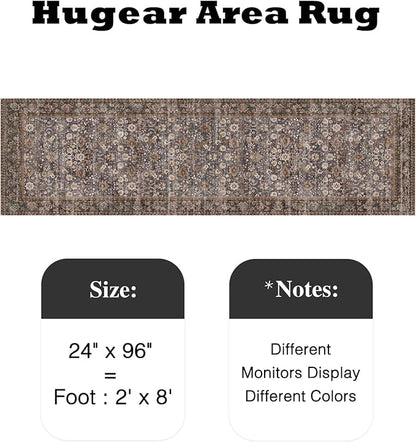 HUGEAR 2x8 Runner Rug Machine Washable Tradition Brown Hallway Area Rug Indoor Accent Rugs Floral Low Pile Carpet Soft Throw Rugs Bedroom Living Room Office Dining Kitchen Laundry Non Slip