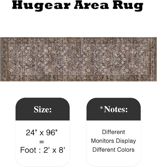 HUGEAR 2x8 Runner Rug Machine Washable Tradition Brown Hallway Area Rug Indoor Accent Rugs Floral Low Pile Carpet Soft Throw Rugs Bedroom Living Room Office Dining Kitchen Laundry Non Slip