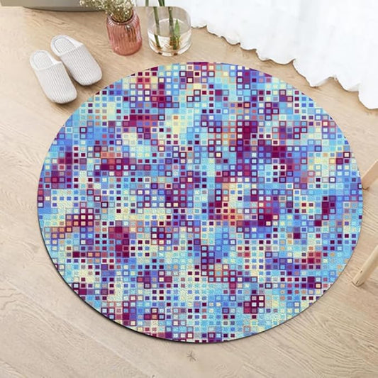 Abstract Pixel Geometry Round Rug Ombre Blue Purple Living Room Circle Area Rugs 4ft Washable Soft Non Slip Low Pile Indoor Floor Carpet for Bedroom Office Kitchen Coffee Table