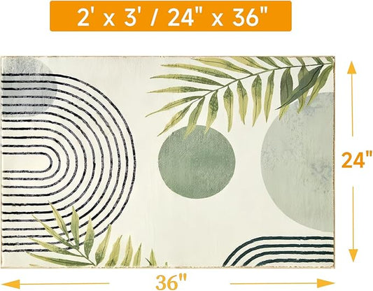 Modern Green Rug 2x3 Bathroom Non-Slip Washable Mat Abstract Aesthetic Rug Modern with Tropical Leaves Carpet Suitable for Bathroom Entrance Bedroom Indoor Entrance Door Mat