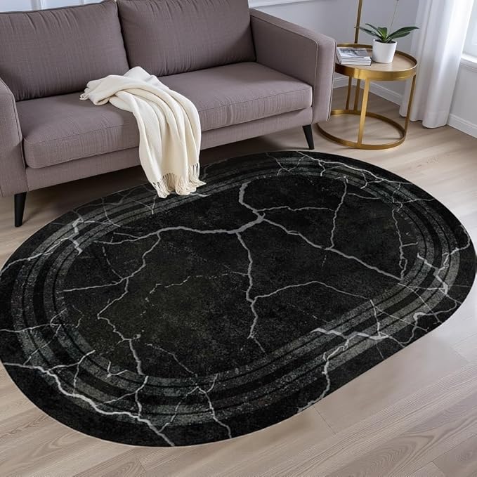Black Grey Striped Texture Bordered Rugs 9x12 Modern Minimalist Indoor Large Area Rug for Living Room Bedroom Dining Room Soft Faux Wool Non Slip Floor Mats Entrance Bathroom Home Office Oval Carpet