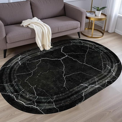 Black Grey Striped Texture Bordered Rugs 12x14 Modern Minimalist Indoor Large Area Rug for Living Room Bedroom Dining Room Soft Faux Wool Non Slip Floor Mats Entrance Bathroom Home Office Oval Carpet