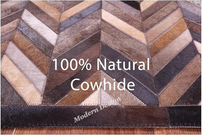 Modern Design Premium Cowhide Leather Carpet with Chevron Pattern, Area Rug (Natural Multi Brown, 3x14)