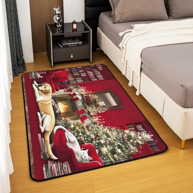 Merry Christmas Area Rug 3x5 Puppy Christmas Tree Rugs for Living Room | Little Cat Pup Dog Washable Rug, Cute Pet Animal Golden Retrievers Carpet Indoor Floor Mat