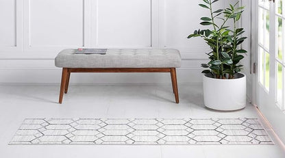 Rugs.com Lattice Trellis Collection Rug – 10 Ft Runner White Low-Pile Rug Perfect for Hallways, Entryways