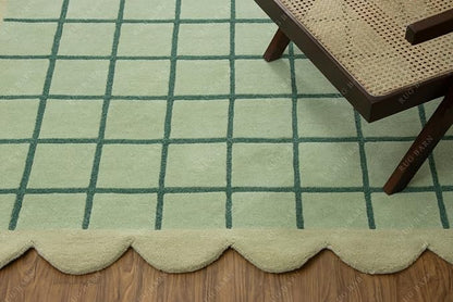 Mint Green Scalloped Edge Wool Area Rug with Checker Grid Design, Hand-Tufted Soft Carpet for Living Room, Bedroom, Nursery, Kids & Playroom Décor - 7x7 Ft (Square)