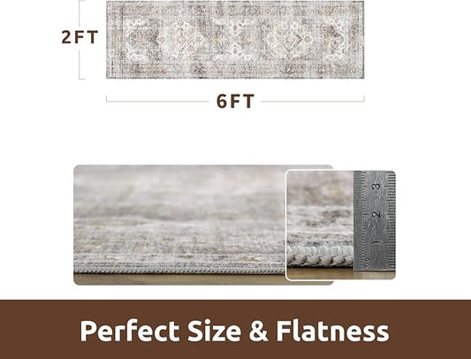 AMOAMI-2X6 Runner Rug-Washable Runners for Hallways-Soft Non Slip Bedside Rugs for Bedroom-Vintage Long Rug for Hallways Entryway Laundry Room Stair Kitchen Bathroom Grey