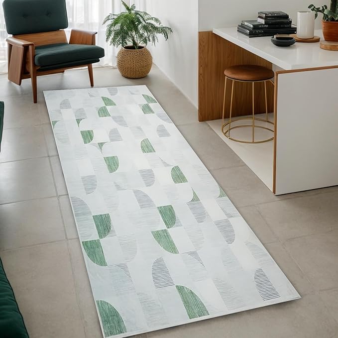 2x6 Runner Rug Washable, Modern Abstract Area Rugs for Hallways Kitchen Bathroom Bedroom Entryway, Non Slip Carpet Long Mat Indoor, Boho Soft Ultra-Thin Light Green