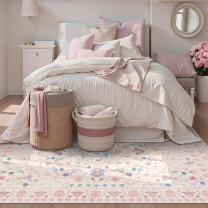Wonnitar Floral 5x7 Washable Nursery Rug, Pink Rugs for Bedroom Girls, Boho Ultra-Thin Soft Non Slip Floor Carpet for Dorm Living Room Playroom Home Decor, Pastel Pink