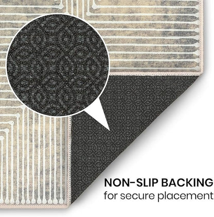 GLN Rugs Contemporary Collection - Machine Washable Area Rug, Contemporary Washable, Non Slip, Low Pile Chenille Rug, Living Room, Bedroom, Kitchen Rug (2' x 3' Lines Cream)