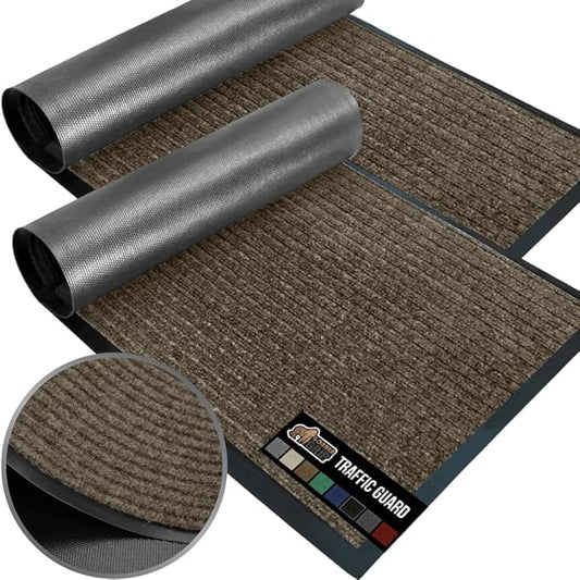 GORILLA GRIP Waterproof Traffic Guard Door Mat, 2 Pack Heavy Duty Entryway Mats, Strong Rubber Back Commercial Utility Rugs for Office Hallway, Garage Floor and Home, Low Profile Carpet, 35x23, Brown