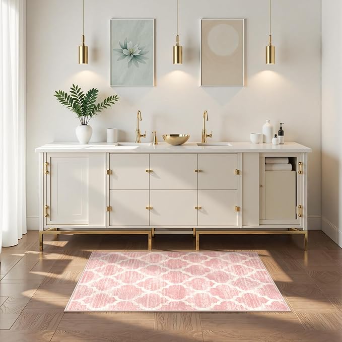 Lahome Moroccan Pink Bathroom Rug - 2x4 Runnr Rug Washable Kids Nursery Rugs Small Soft Girl Dorm Non-Slip Modern Throw Carpet Runner for Entryway Bedroom