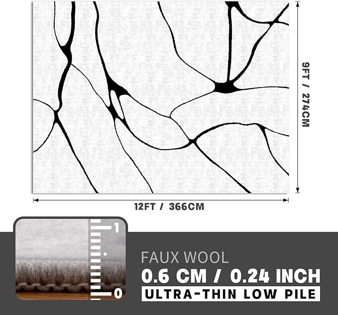 YIHOUSE Modern Washable Area Rug for Living Room Bedroom - Large Abstract Black and White Rug Non-Slip Ultra-Thin Home Decor (Warping, 9'x12')