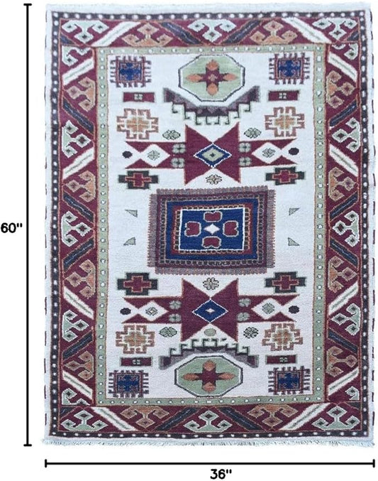 Hand Knotted Wool & Silk ECO-Friendly Oriental Area Rugs - 3'x5', Rectangle Shape, Cream Burgundy Color, Classic Oriental Traditional, Medium Pile Handmade Area Rugs (AF0102)
