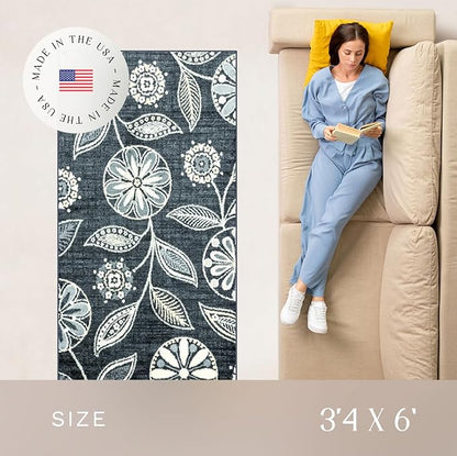 Maples Rugs Reggie Floral Area Rug - Made in USA - Washable, Non Slip, Pet-Friendly Mats for Living Room, Bedroom, and Office, 3'4" x 6', Persian Blue