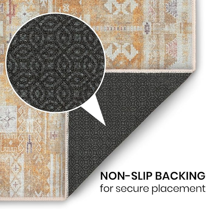 GLN Rugs Traditional Collection - Machine Washable Area Rug, Traditional Washable, Non Slip, Low Pile Chenille Rug, Living Room, Bedroom, Kitchen Rug (9' x 12' Sand/Light Gray)