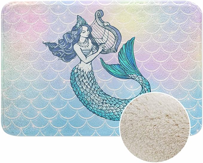 Mermaid with Harp Bath Mat for Bathroom Colorful Fantasy Scales Unicorn Pink Gradient Texture Bath Rugs Door Mat Non Slip Rubber Backed Bathroom Floor Mat for Bathtub Sink Shower 16"X24"