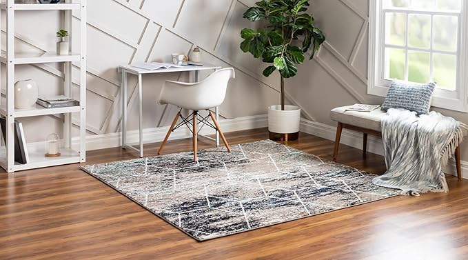 Unique Loom Trellis Frieze Collection Area Rug - Geometric (4' Square, Blue Multi/ Ivory)