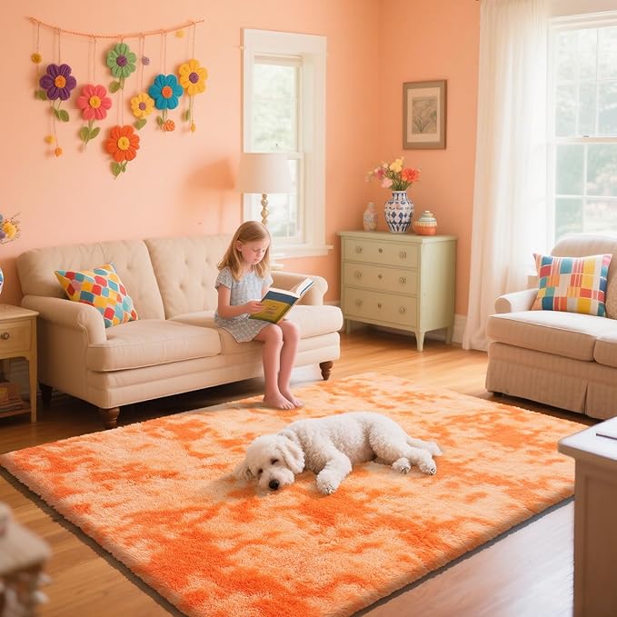 Mottling Orange Fluffy Rug Shaggy Area Rug, 6x9 Area Rugs for Girls Bedroom, Big Soft Shaggy Bedside Non-Slip Plush Dorm Nursery Kids Carpet Home Decor Aesthetic