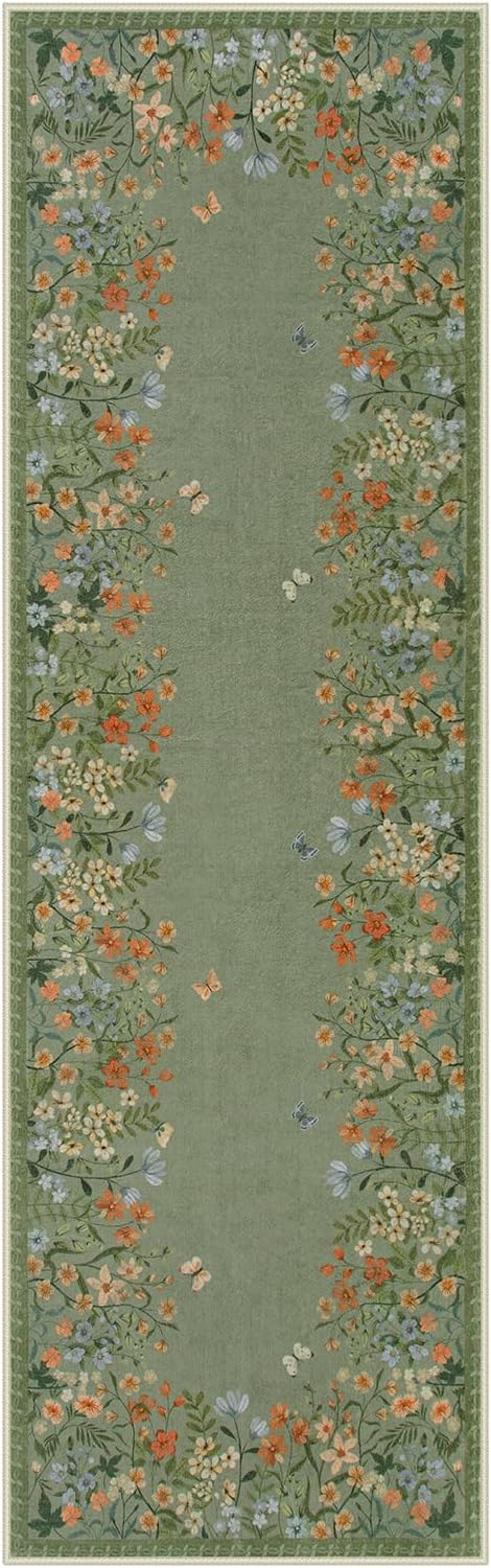 Lahome Boho Floral 2'6"x8 Green Washable Hallway Kitchen Runner Rug, Non Skid Bathroom Carpet Runners, Soft Non-Slip Indoor Rug Runners for Entryway Laundry Bedroom(Green,2'6"x8)