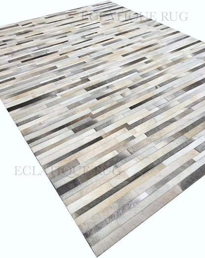 Cowhide Leather Rug for Living Room 5x8, Modern Stripes Style Floor Carpet, Dark Grey Area Rug for Home Decor