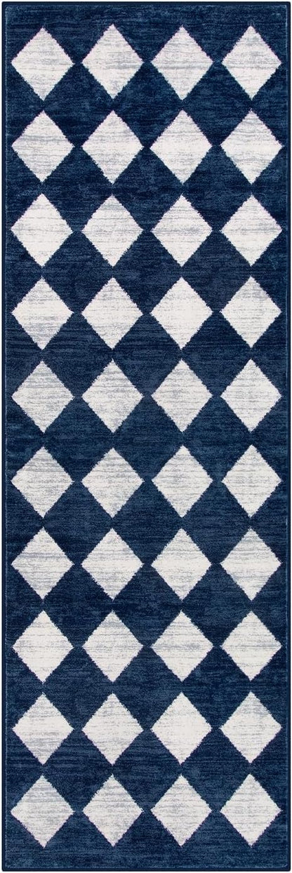 Lahome Checkered Washable Runner Rug,2x6 Rug Runners for Hallways Non Slip,Blue Kitchen Runner Rug,Moroccan Trellis Soft Low Pile Carpet Runners for Entryway Laundry Room Bathroom(2'x6',Blue)