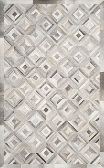 Premium Diamond Pattern Leather Area Rug, Geometric Cowhide Patchwork Carpet - 2X3 ft, Luxury Beige and Grey Non-Slip Floor Accent for Dining Room, Living Room, Hallway
