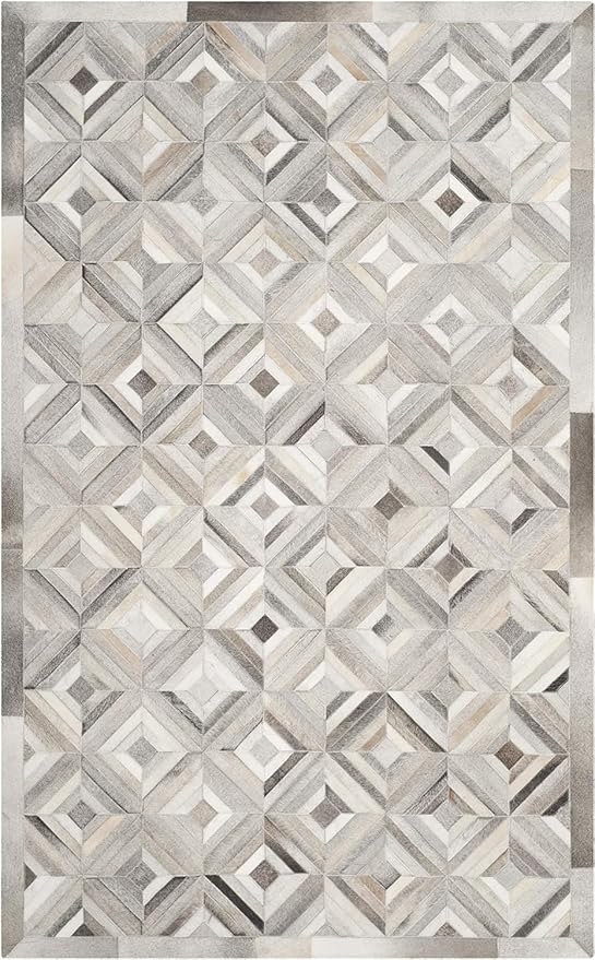 Premium Diamond Pattern Leather Area Rug, Geometric Cowhide Patchwork Carpet - 8X10 ft, Luxury Beige and Grey Non-Slip Floor Accent for Dining Room, Living Room, Hallway