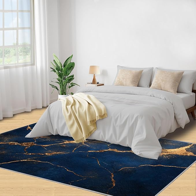 3x6 Abstract Marble Bedroom Rug Under Bed - Dark-Blue-Marble Kids Room Rugs, Luxury Stone Pattern Bedroom Runner Rug Soft Washable for Living Room Kitchen